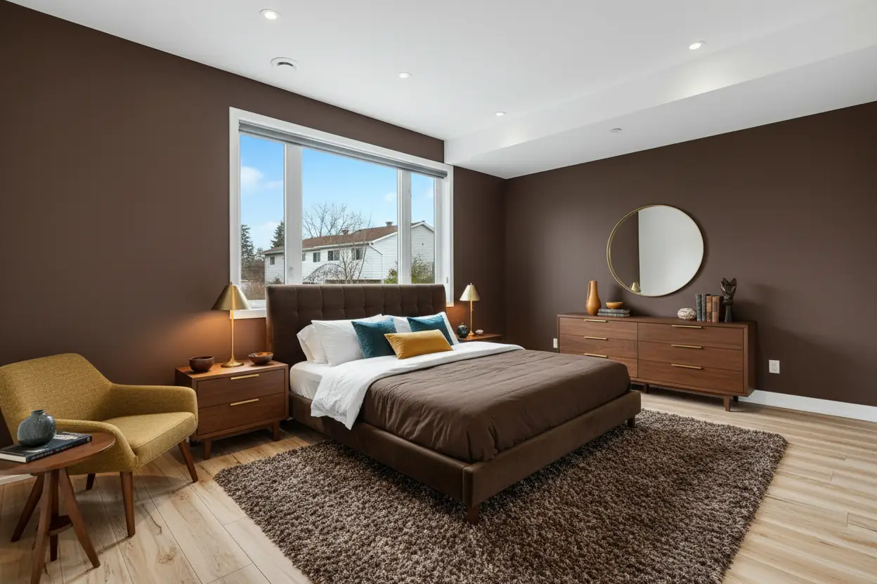 Mid-century modern bedroom with deep chocolate tones