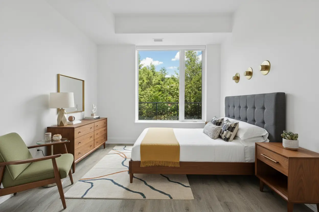 Mid-century modern bedroom with characteristic furnishing style