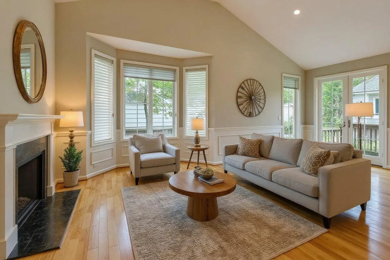 Cozy bohemian living room with eclectic furnishing and warm atmosphere