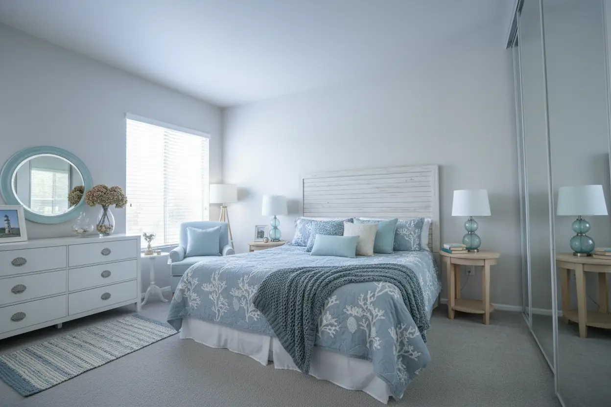 Coastal style bedroom with pastel blue color theme - interior furnishing
