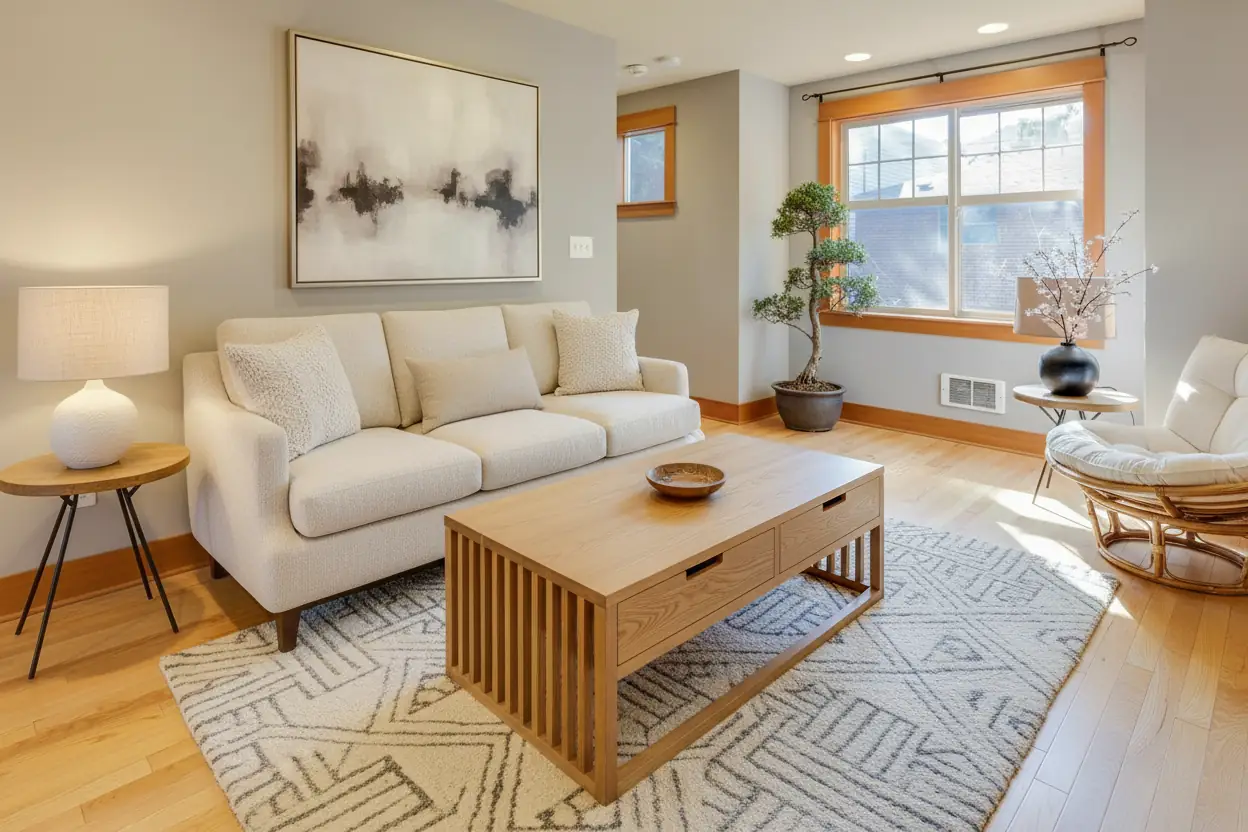 Japandi living room redesign with neutral color palette