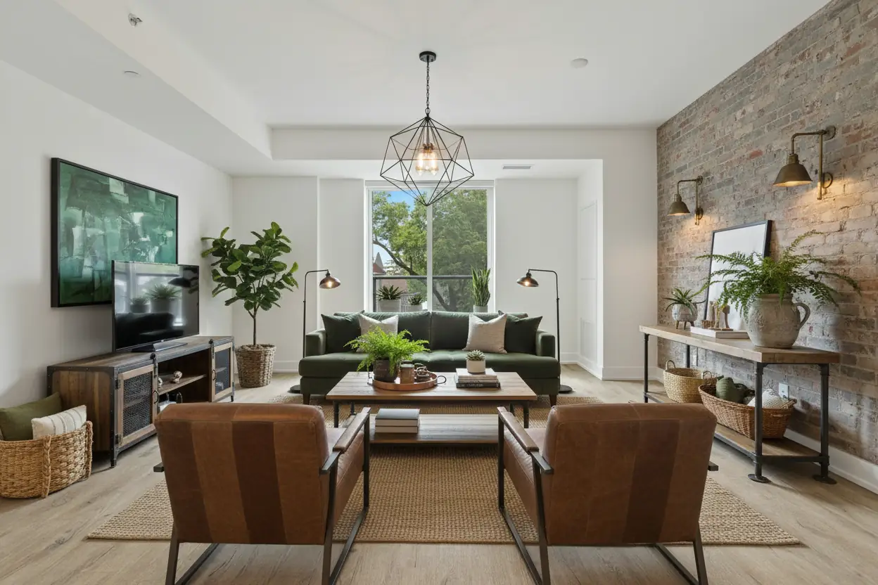 Industrial chic living room with earthy green tones