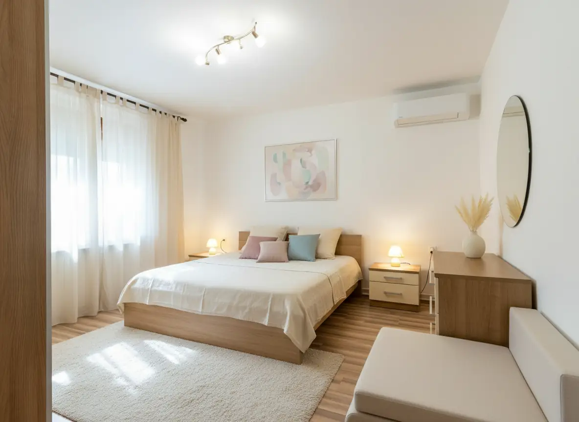 Minimalist bedroom redesign with pastel cream color palette