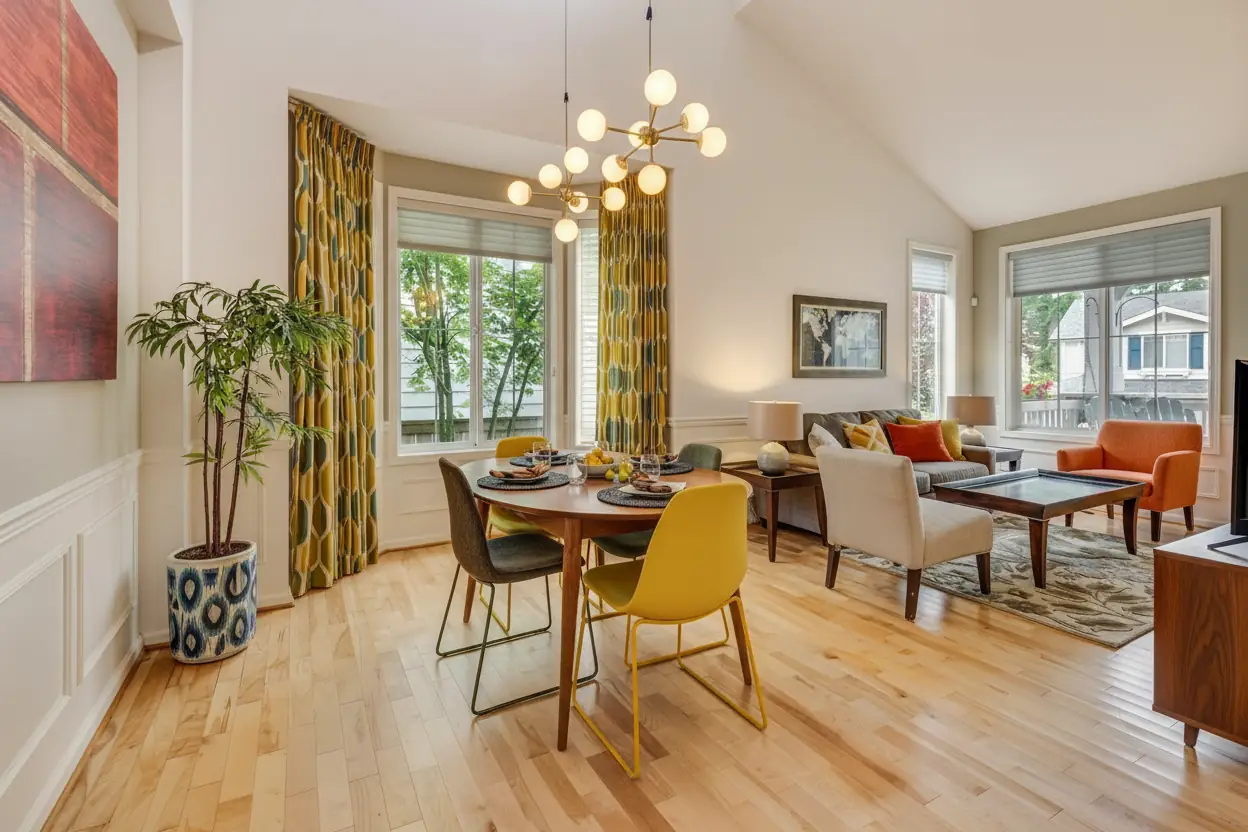 Mid-century modern living room redesign with colorful accents